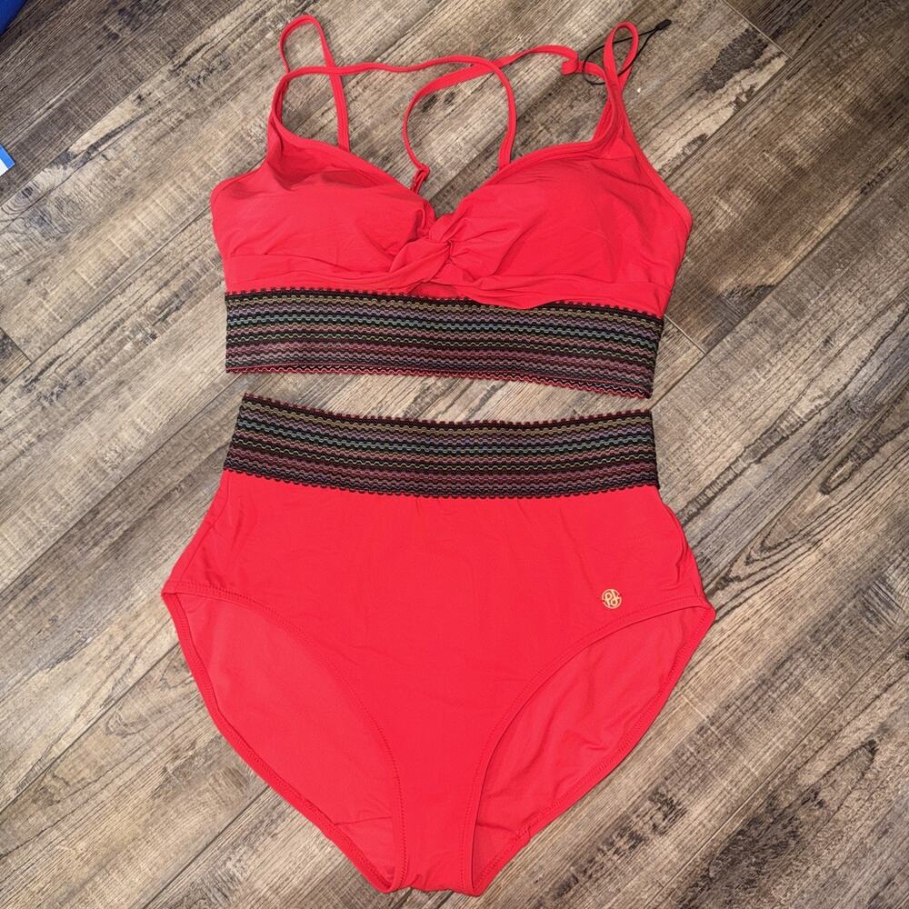 High-Waist Red Bikini Set with Textured Waistband